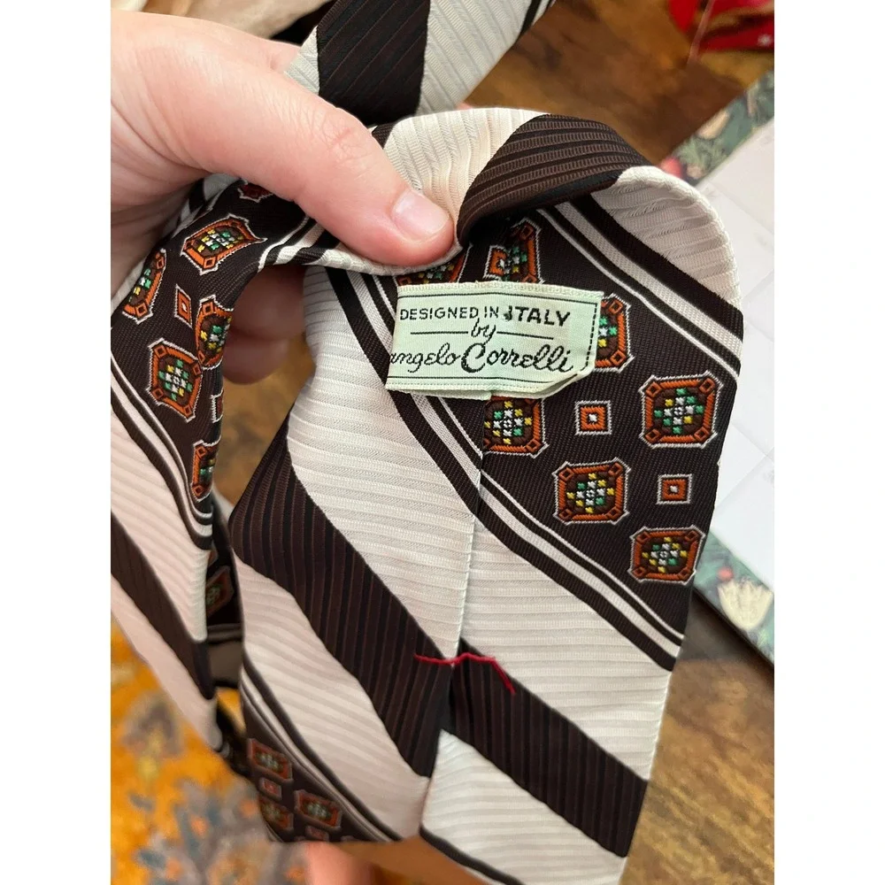 1970s Angelo Correlli Brown Orange Stripe Geometric Psychedelic Disco Mens Tie